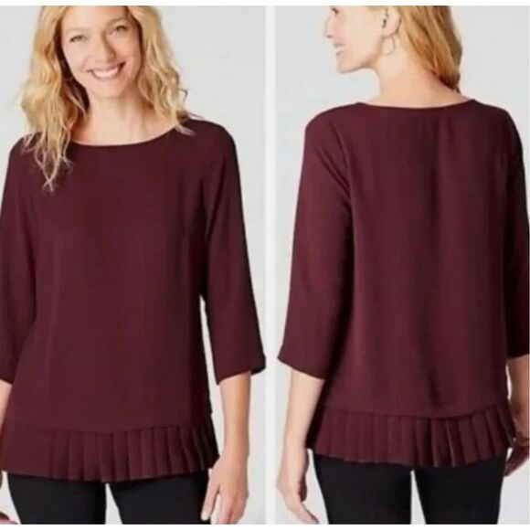 J Jill Burgundy pleated peplum top with 3/4 sleeves #peplumtop #burgundy‎ Medium - Picture 1 of 7
